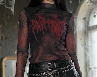 Top gótico negro de malla para mujer / Camisa grunge transparente de manga larga para combinar con otras prendas / Top transparente / Blusa de moda alternativa