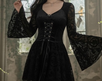 Black Gothic Lace Dress - Medieval Witch Corset Bell Sleeve Dress