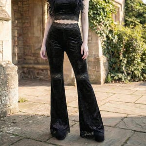 Black Velvet Flare Pants with Lace Detail – Victorian Goth Bell Bottom Trousers