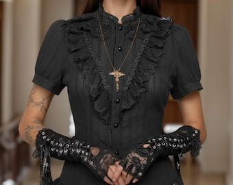 Gothic Victorian Lace Blouse – Black Ruffle Top with Puff Sleeves