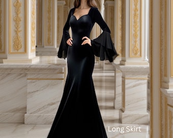 Black Velvet Gothic Evening Dress – Floor Length Witchy Long Gown, Dark Fairy Halloween Cosplay, Elegant Renaissance Formal Wear