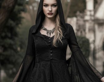 Gothic Black Hooded Gown for Her | Medieval Witchy Dress for LARP | Fantasy Cosplay Costume | Renaissance Faire Outfit