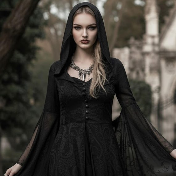 Gothic Black Hooded Gown for Her | Medieval Witchy Dress for LARP | Fantasy Cosplay Costume | Renaissance Faire Outfit