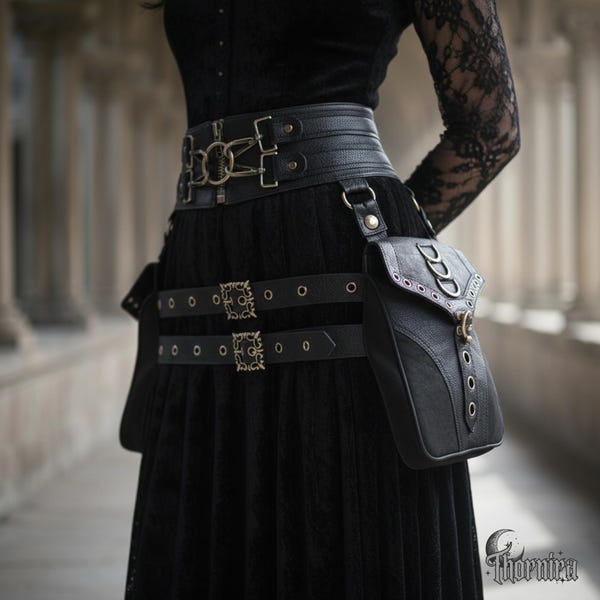Black Gothic Leather Holster Belt – Steampunk Waist Bag with Dual Pouches for Cosplay