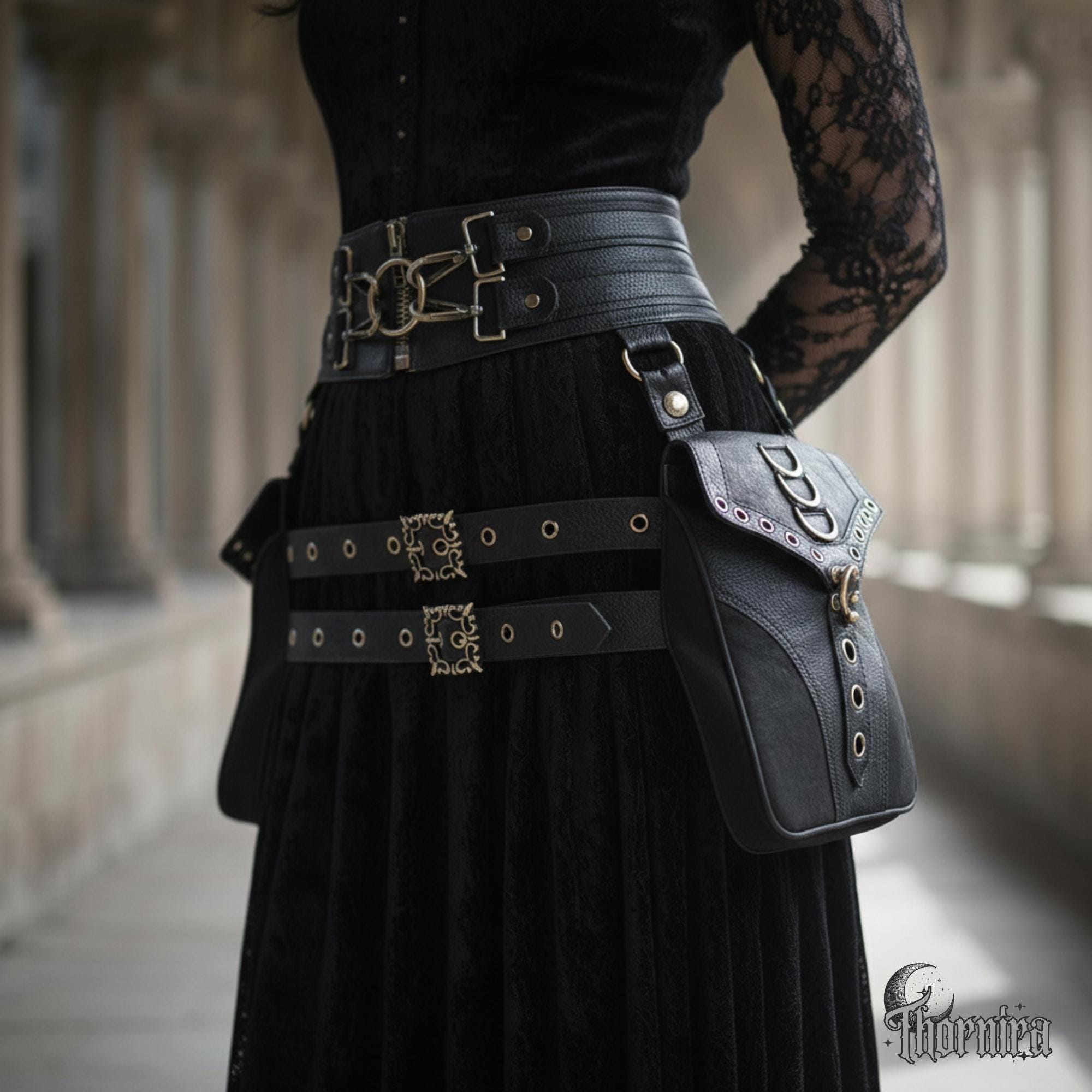 Cintura Gotica Luna Con Catena In Pelle E Lega - Media, Regolabile, Nero