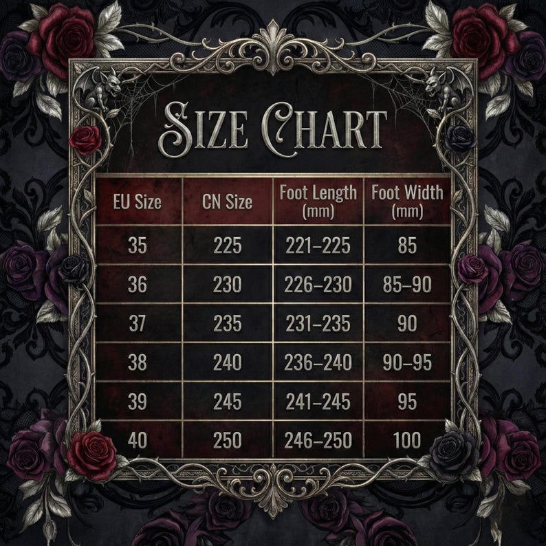 以下が含まれることがあります： 上部に「SIZE CHART」の文字が入ったサイズ表。EUサイズ、CNサイズ、足の長さ（mm）、足の幅（mm）を記載。装飾的なスクロールとバラがデザインされています。