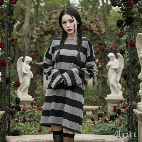grunge sweater dress Goth Striped Oversized Sweater Dress, Grunge Knit Pullover, Distressed Streetwear Alt Y2K Emo