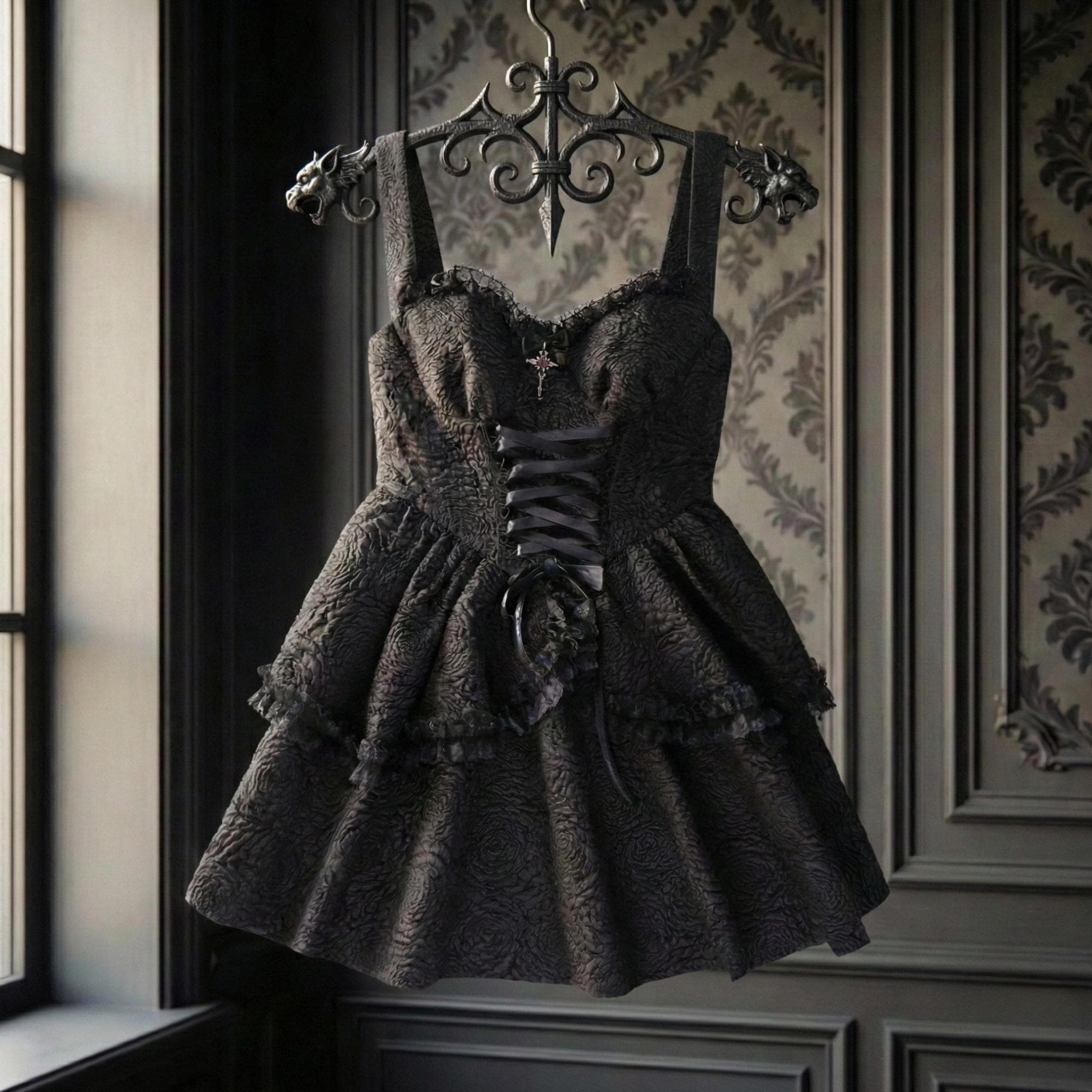 Black Corset Mini Dress - Victorian Lace, Gothic Party Costume
