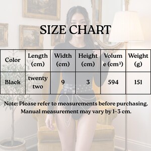 May include: A size chart table with the heading SIZE CHART. The table lists black color with dimensions: length twenty two cm, width 9 cm, height 3 cm, volume 594 cm3, and weight 151 g. It includes a note: Please refer to measurements before purchasing.