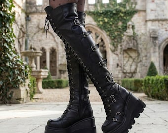 Gothic Platform Knee High Boots – Black Leather Buckle Combat Boots