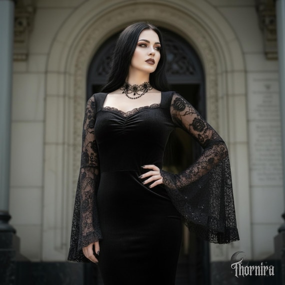 Black Gothic Velvet Maxi Dress - Lace Bell Sleeve Witch Dress, Vampire Elegance Gown