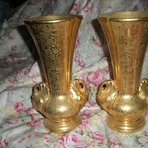 Twin Gold Pottery Vases. Very Pretty in Great Condition