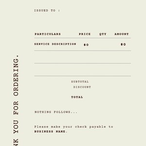 May include: An invoice template with the word "INVOICE" at the top. The document includes fields for particulars, price, quantity, and amount. The text "THANK YOU FOR ORDERING" is on the left side.