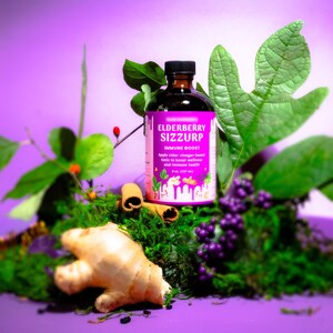 May include: A glass bottle of elderberry sizzurp immune boost tonic with a purple label. The bottle is sitting on a bed of green moss with cinnamon sticks, ginger root, and purple berries.