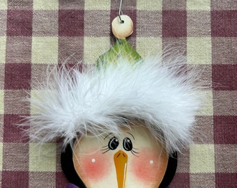 Adorable Penguin with fuzzy  hat Hand  Painted Wood Christmas Ornament