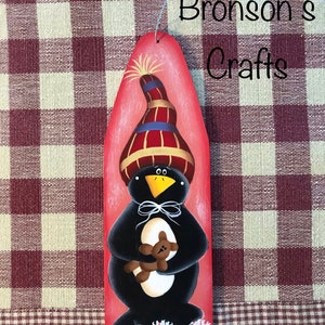 Whimsical Penguin Red Iron Board Hand Painted Wood Christmas Ornament