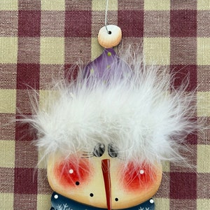 Fuzzy Hat Snowman Hand  Painted Wood Christmas Ornament