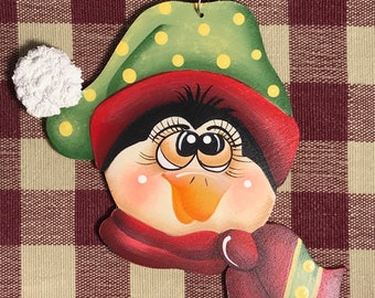 Hand Painted Whimsical  Penguin Wood Christmas Ornament