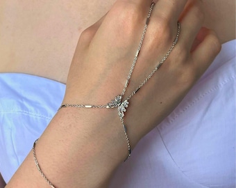 Butterfly Hand Chain Bracelet, Stainless Steel Hand Harness,Silver Finger Bracelet,Bridal Hand Chain, Adjustable Slave Bracelet,Gift for Her