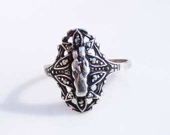 Art Deco Sterling Silver Ring - Madonna & Child with Marcasites, Size 7.5