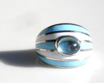 Vintage Ring, White & Blue Enamel on Sterling SIlver - English Hallmark, 1990s, Size 6