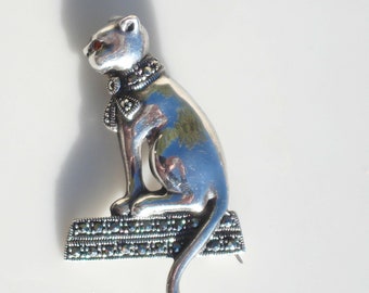 Vintage Sterling Silver Cat Brooch with Marcasites, Garnet Eye -1980s