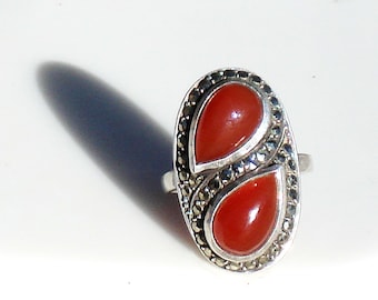 Art Deco Sterling, Carnelian & Marcasite Ring -Size 5.75