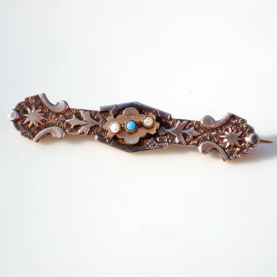 Victorian 10k Gold Bar Brooch - Turquoise & Seed … - image 6