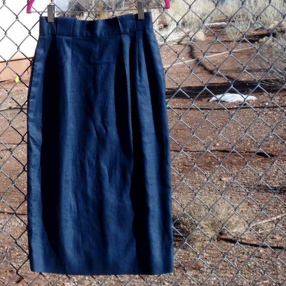 Vintage Indigo Polished Linen Pencil Skirt - Evan… - image 2