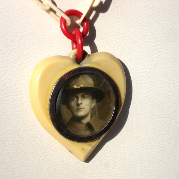 Art Deco Celluloid Heart Locket with Celluloid Cha