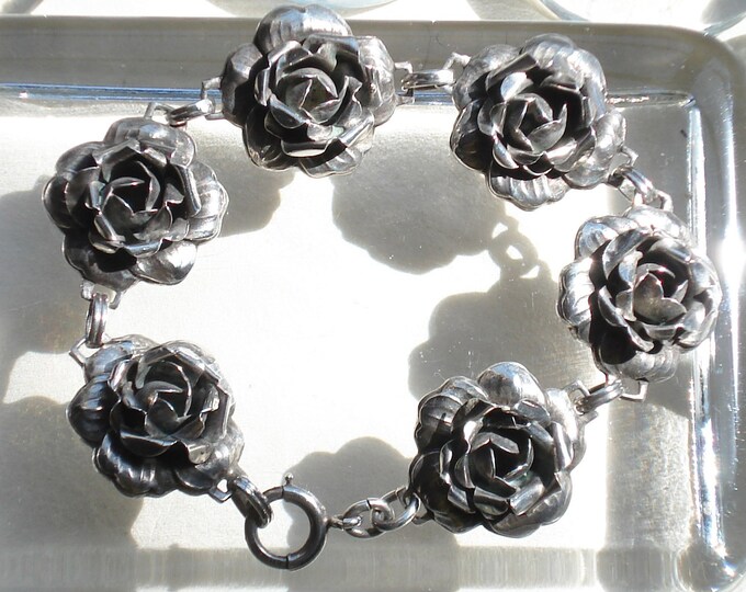 Vintage Sterling Silver Rose Bracelet Etsy
