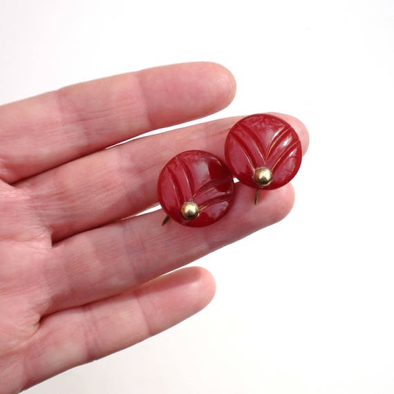 Art Deco Carved Red Bakelite Set - Dress Clips an… - image 4