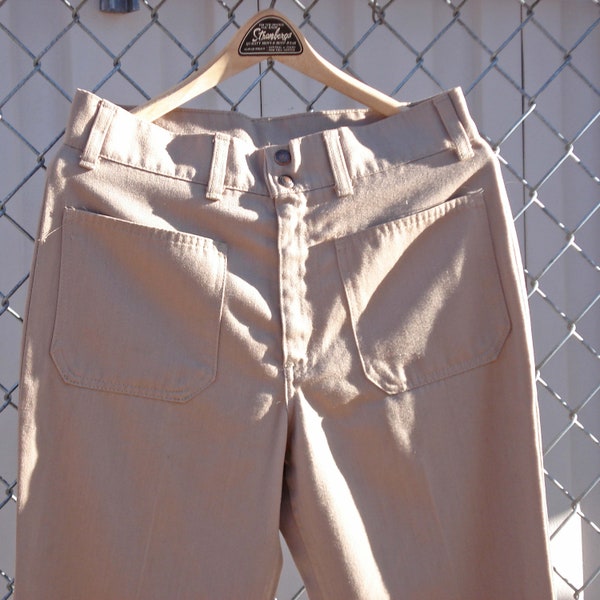 Vintage Pair of Levi's White Label Flares - Sailor Style, Tan, 32 Inch Waist, 12 Inch Rise in Front