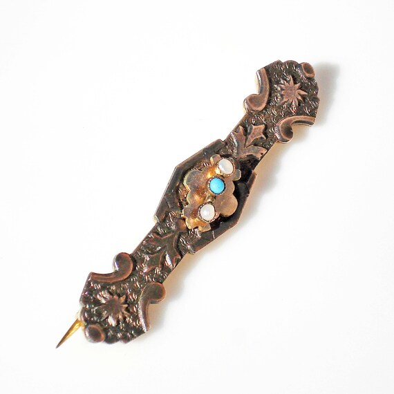 Victorian 10k Gold Bar Brooch - Turquoise & Seed … - image 1