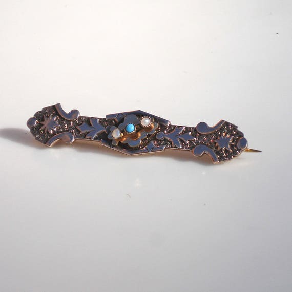 Victorian 10k Gold Bar Brooch - Turquoise & Seed … - image 5