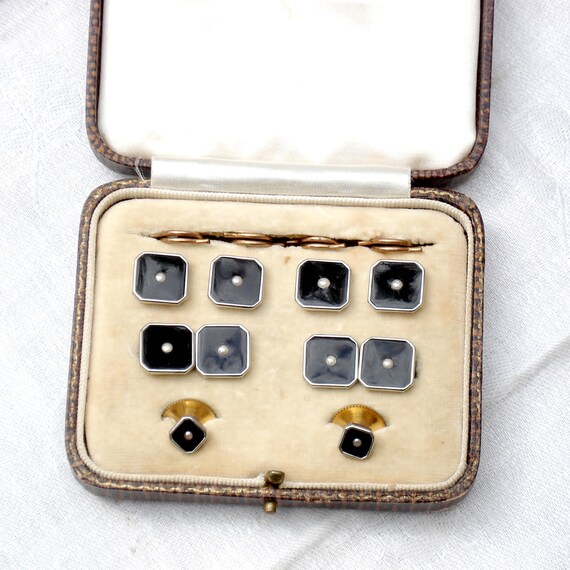 Antique Set Tuxedo Cufflink & Buttons - Black Ena… - image 4