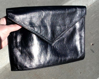 Vintage Black Glazed Leather Envelope Style Clutch - Bare Traps