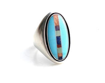 Anillo grande de plata de ley con turquesa e incrustaciones, Relios - Talla 10