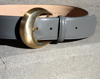 Vintage Neiman Marcus Gray Glazed Leather Belt - Chunky Gold Tone Buckle Size Small