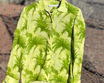 Vintage Rayon Long Sleeved Blouse - Green Tropical Print, Size Small, Semi-Sheer