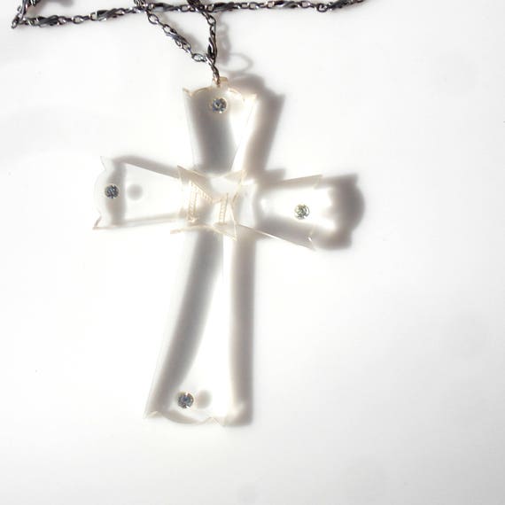 Art Deco Lucite Cross & Antique Platinon Chain - image 2