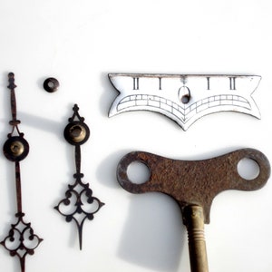 Lot of Antique Clock Parts: Key, Enamel Plate, Hands