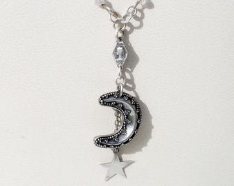 Sterling Silver Crescent Moon & Star Necklace - Rock Crystal