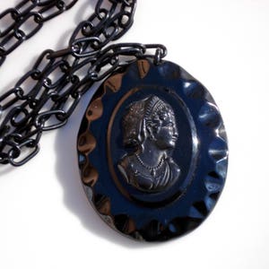 1930&#39;s Victorian Revival Mourning Cameo Necklace - Black Bakelite & Celluloid