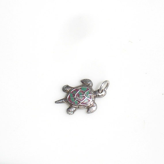 Vintage Sterling Silver Turtle Charm - Green & Li… - image 4