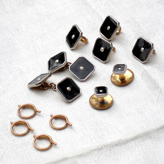 Antique Set Tuxedo Cufflink & Buttons - Black Ena… - image 2