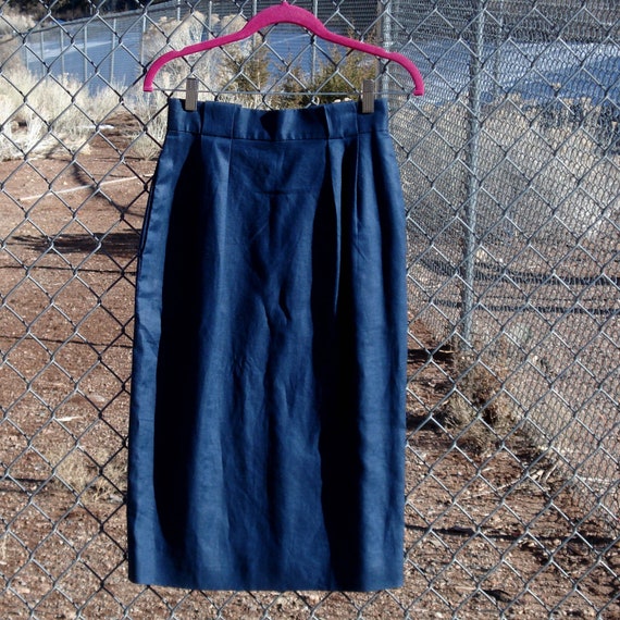 Vintage Indigo Polished Linen Pencil Skirt - Evan-