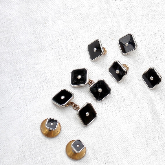 Antique Set Tuxedo Cufflink & Buttons - Black Ena… - image 9