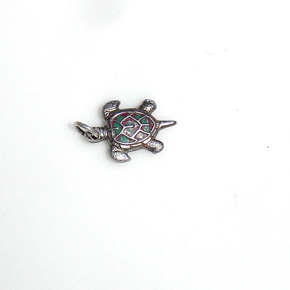 Vintage Sterling Silver Turtle Charm - Green & Li… - image 1