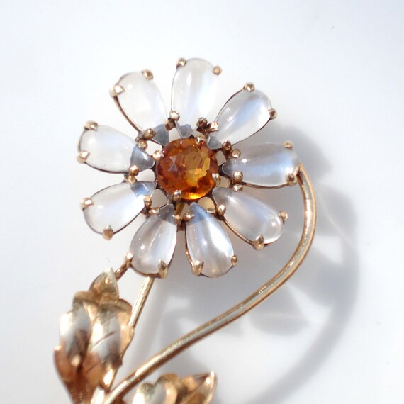 Vintage 14k Gold Moonstone Flower Brooch - image 8